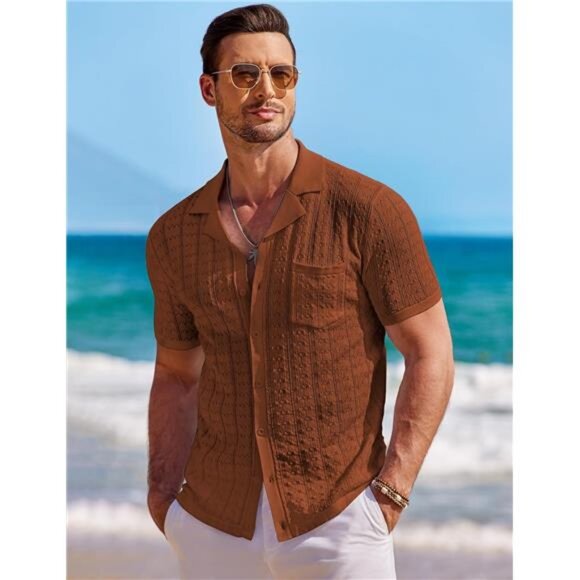 Men's Knit Button Down Shirt Short Sleeve Vintage Polo Shirts Summer - Picture 2 of 7